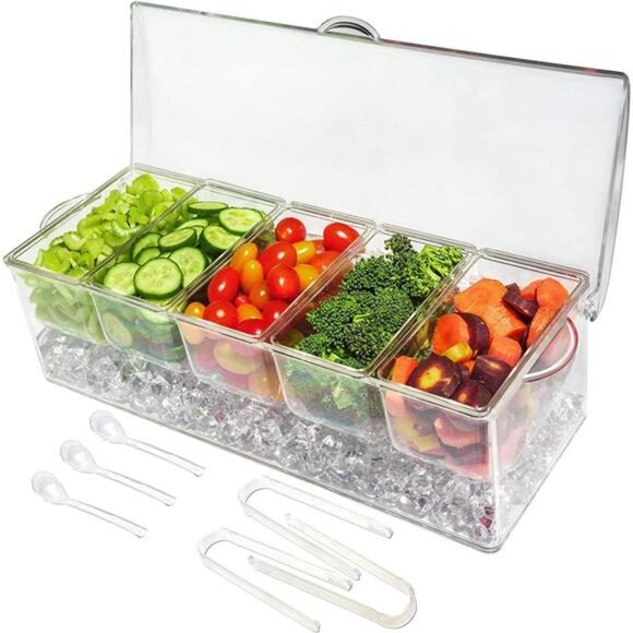 Ice Chilled 5 Compartment Condiment Server Caddy - Serving Tray Container with 5 - Picture 1 of 7